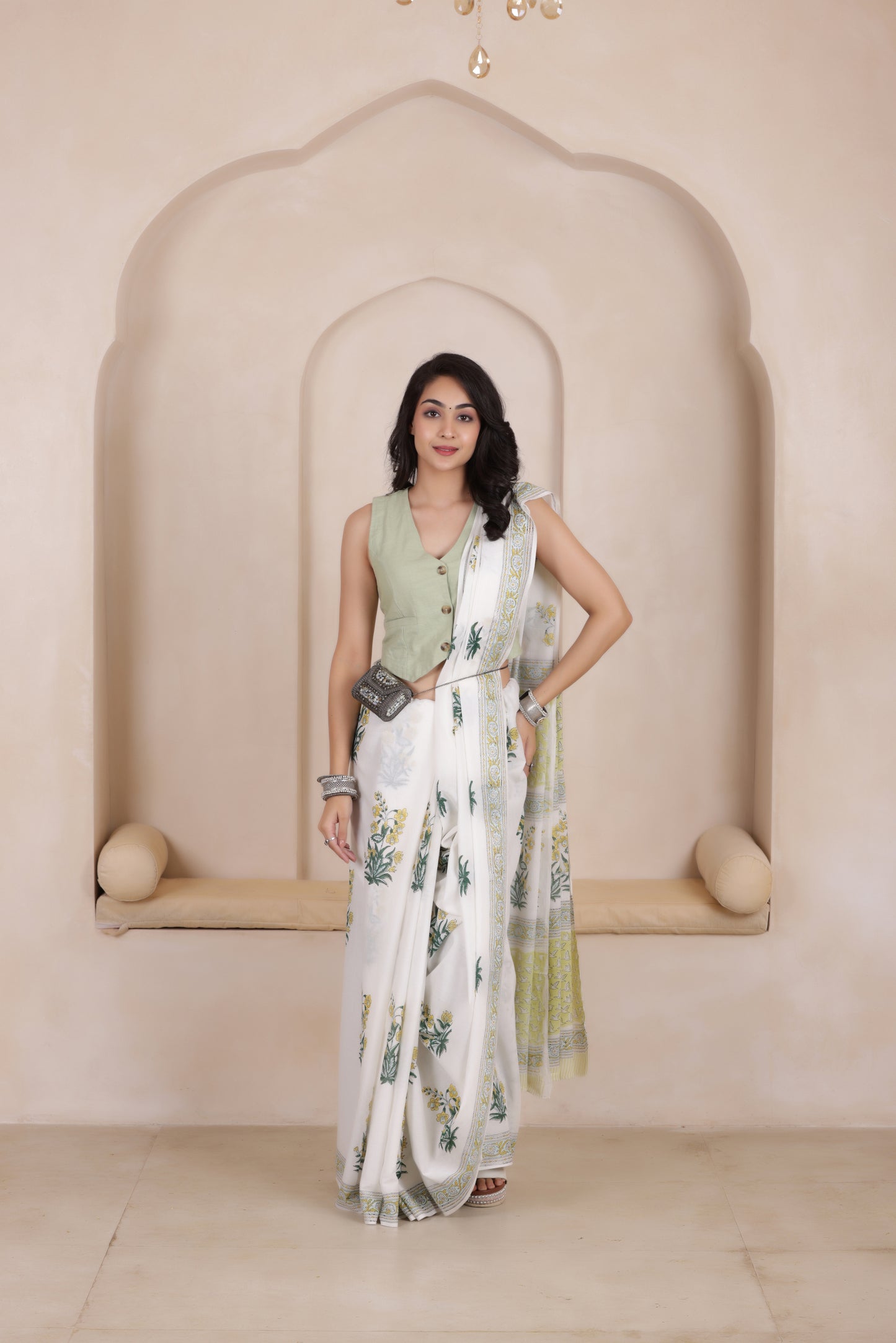 MINT MIST-SOFT MUL MUL COTTON SAREE IN WHITE WITH GREEN ACCENTS