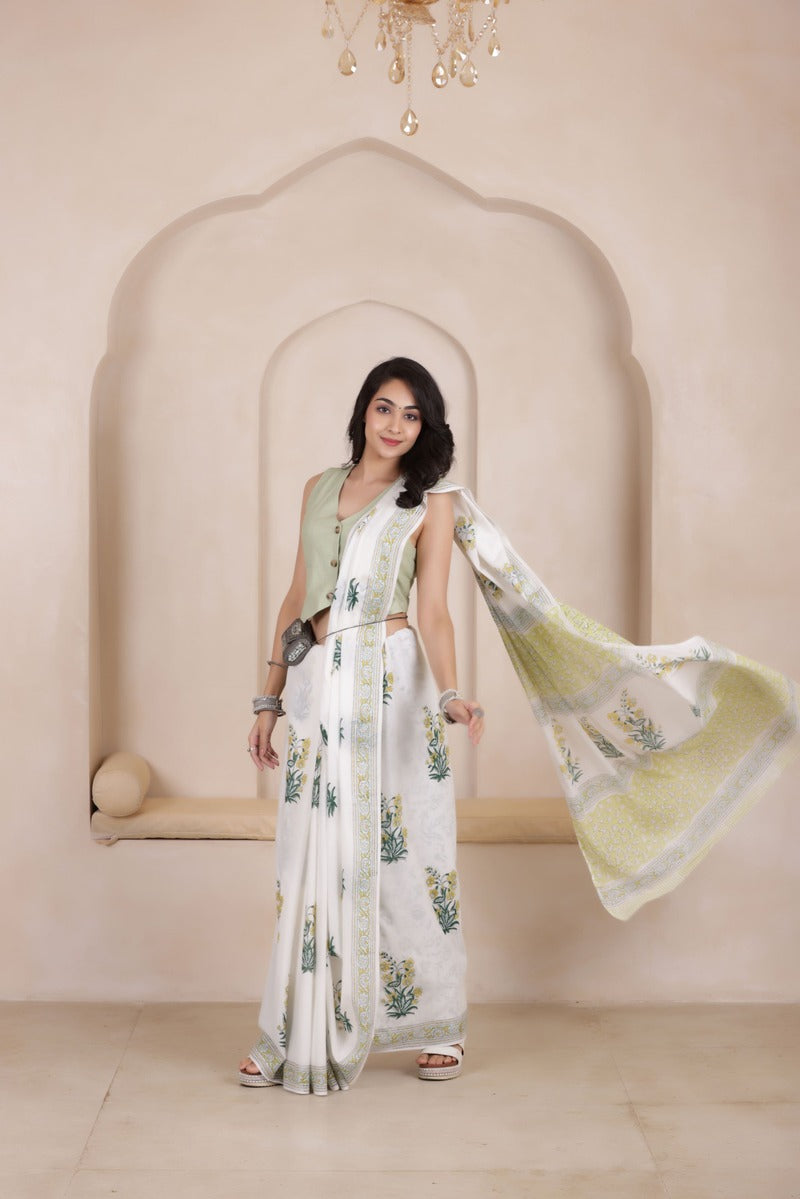 MINT MIST-SOFT MUL MUL COTTON SAREE IN WHITE WITH GREEN ACCENTS