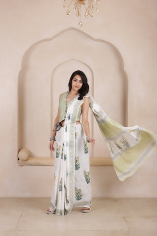 MINT MIST-SOFT MUL MUL COTTON SAREE IN WHITE WITH GREEN ACCENTS