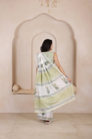 MINT MIST-SOFT MUL MUL COTTON SAREE IN WHITE WITH GREEN ACCENTS