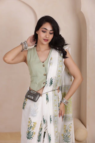 MINT MIST-SOFT MUL MUL COTTON SAREE IN WHITE WITH GREEN ACCENTS