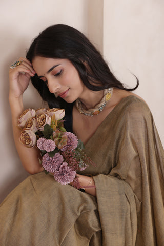 KHADI DUAL WEAVE COTTON SAREE IN SANDAL WITH PINK