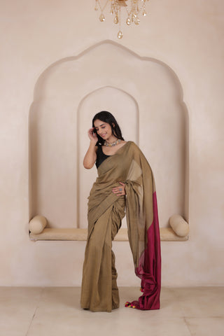 KHADI DUAL WEAVE COTTON SAREE IN SANDAL WITH PINK