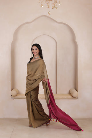 KHADI DUAL WEAVE COTTON SAREE IN SANDAL WITH PINK