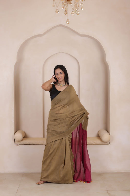 KHADI DUAL WEAVE COTTON SAREE IN SANDAL WITH PINK