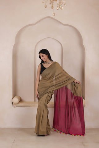 KHADI DUAL WEAVE COTTON SAREE IN SANDAL WITH PINK