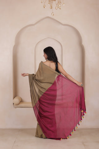 KHADI DUAL WEAVE COTTON SAREE IN SANDAL WITH PINK