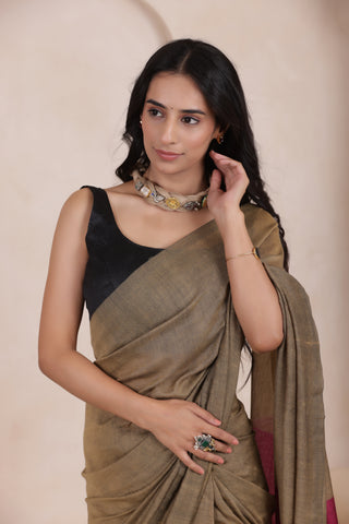 KHADI DUAL WEAVE COTTON SAREE IN SANDAL WITH PINK