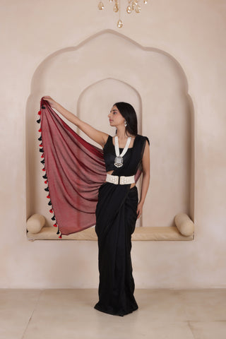 KHADI DUAL WEAVE COTTON SAREE IN BLACK WITH MAROON