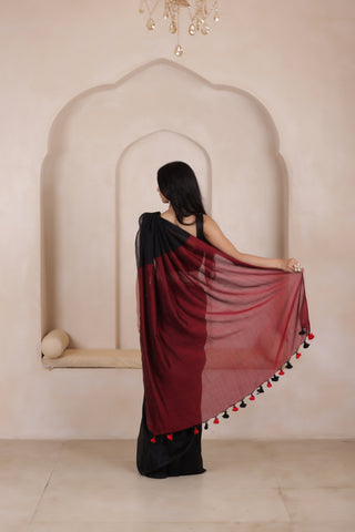 KHADI DUAL WEAVE COTTON SAREE IN BLACK WITH MAROON