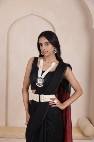 KHADI DUAL WEAVE COTTON SAREE IN BLACK WITH MAROON