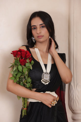 KHADI DUAL WEAVE COTTON SAREE IN BLACK WITH MAROON