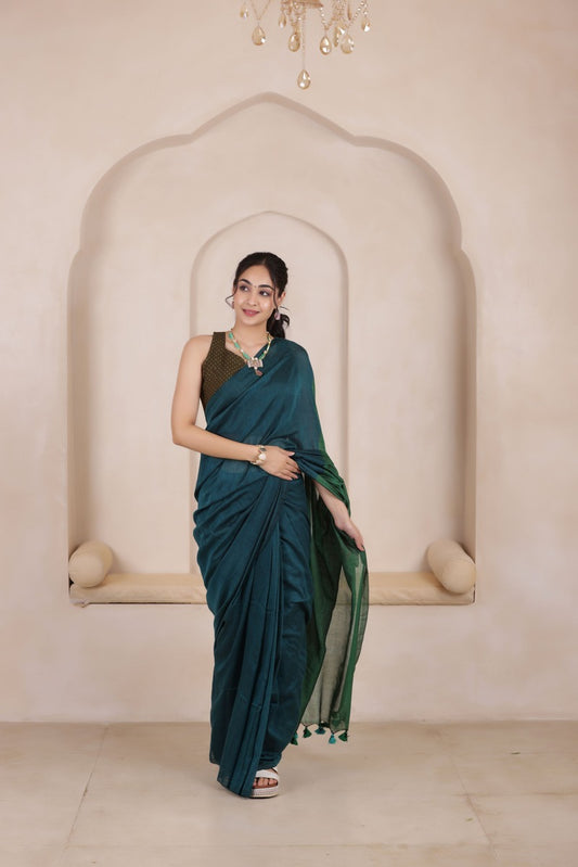 KHADI DUAL WEAVE COTTON SAREE IN BLUE WITH GREEN PALLU
