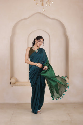 KHADI DUAL WEAVE COTTON SAREE IN BLUE WITH GREEN PALLU
