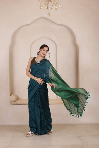 KHADI DUAL WEAVE COTTON SAREE IN BLUE WITH GREEN PALLU