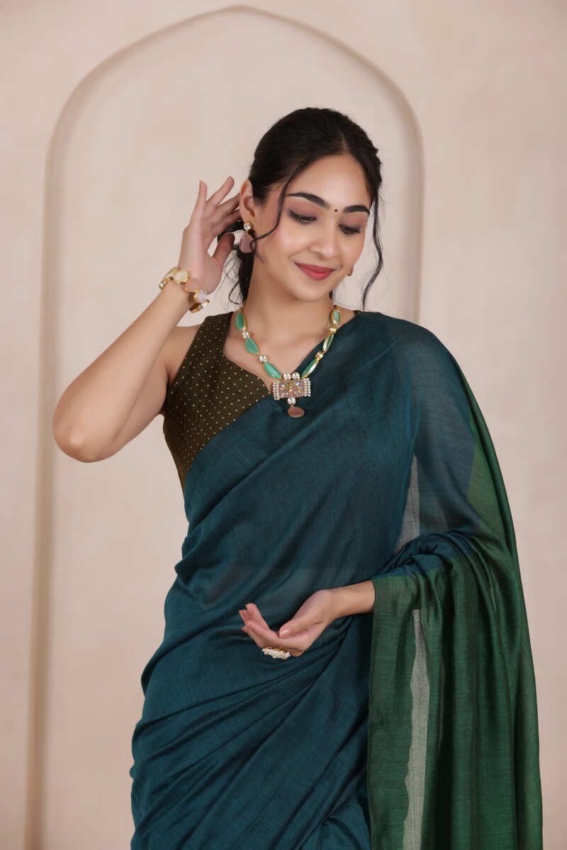 KHADI DUAL WEAVE COTTON SAREE IN BLUE WITH GREEN PALLU