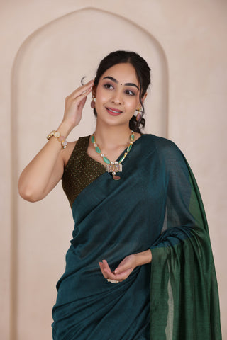 KHADI DUAL WEAVE COTTON SAREE IN BLUE WITH GREEN PALLU