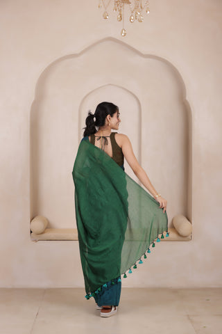 KHADI DUAL WEAVE COTTON SAREE IN BLUE WITH GREEN PALLU