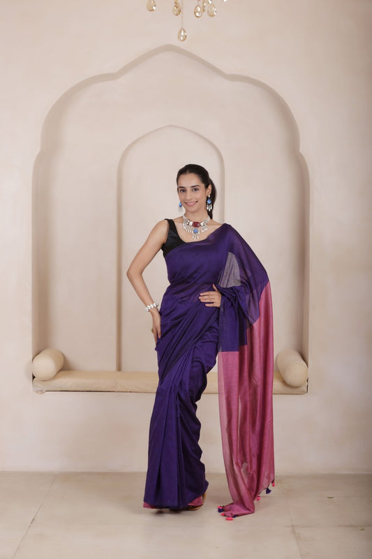KHADI DUAL WEAVE COTTON SAREE IN BLUE WITH PINK PALLU