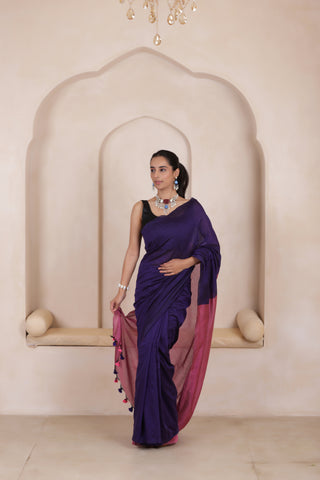 KHADI DUAL WEAVE COTTON SAREE IN BLUE WITH PINK PALLU