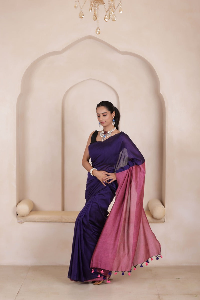 KHADI DUAL WEAVE COTTON SAREE IN BLUE WITH PINK PALLU