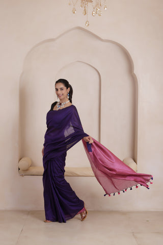 KHADI DUAL WEAVE COTTON SAREE IN BLUE WITH PINK PALLU