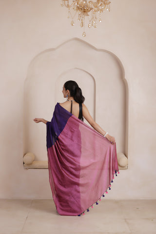 KHADI DUAL WEAVE COTTON SAREE IN BLUE WITH PINK PALLU