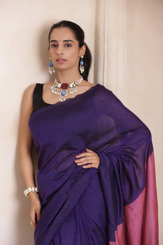 KHADI DUAL WEAVE COTTON SAREE IN BLUE WITH PINK PALLU