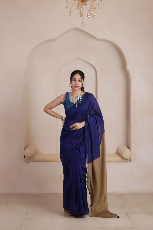 BLUE &SANDAL KHADI DUAL WEAVE COTTON SAREE