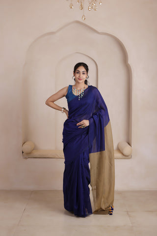BLUE &SANDAL KHADI DUAL WEAVE COTTON SAREE