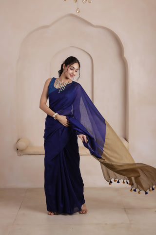 BLUE &SANDAL KHADI DUAL WEAVE COTTON SAREE