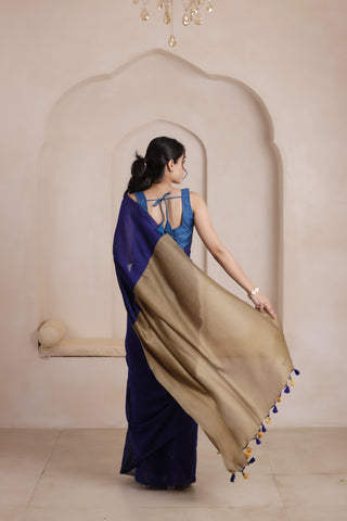 BLUE &SANDAL KHADI DUAL WEAVE COTTON SAREE