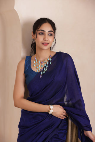 BLUE &SANDAL KHADI DUAL WEAVE COTTON SAREE