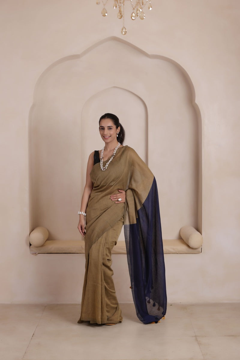 KHADI DUAL WEAVE COTTON SAREE IN SANDAL BEIGE WITH BLUE PALLU