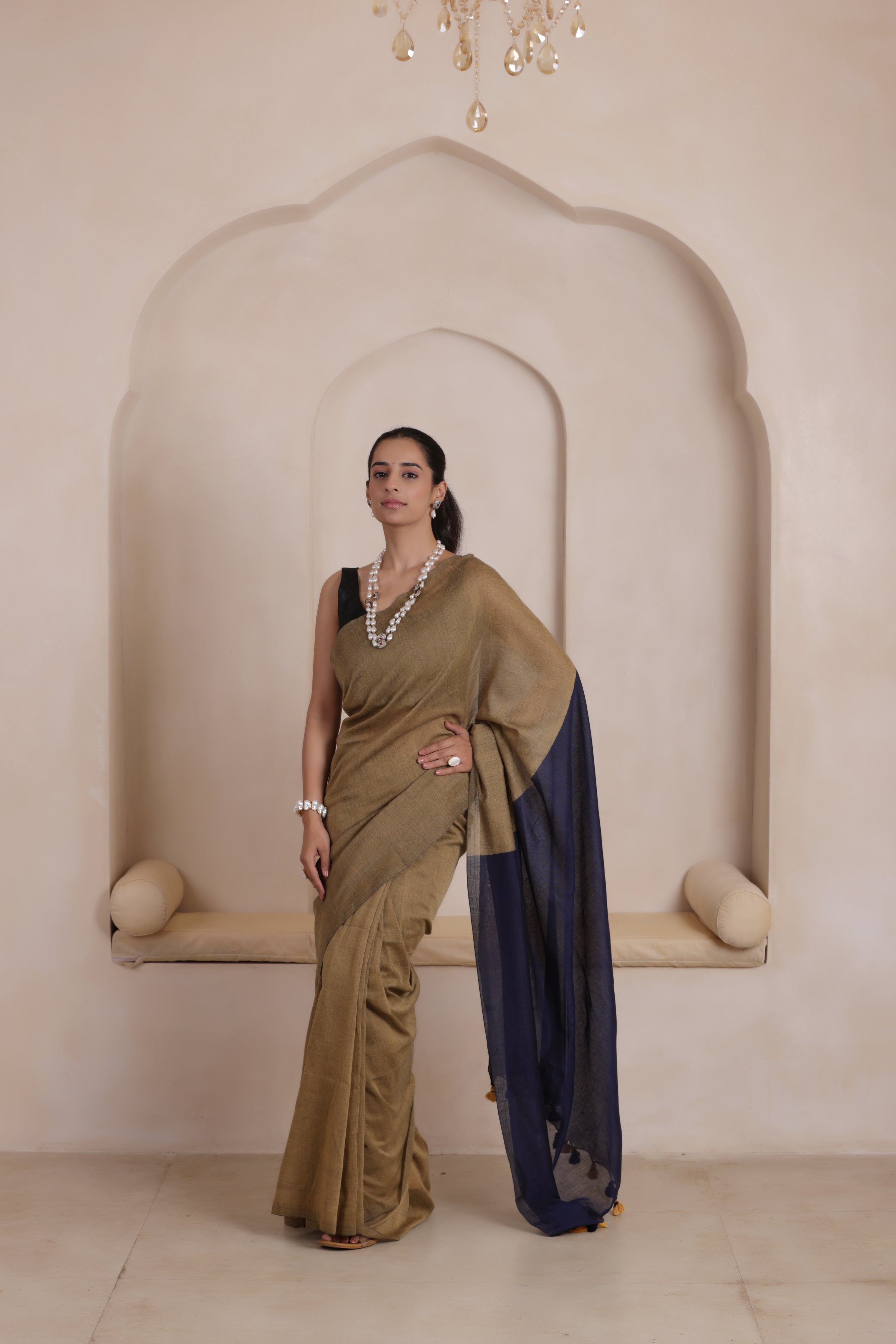 KHADI DUAL WEAVE COTTON SAREE IN SANDAL BEIGE WITH BLUE PALLU