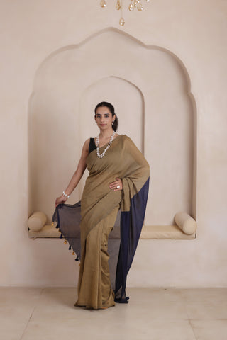 KHADI DUAL WEAVE COTTON SAREE IN SANDAL BEIGE WITH BLUE PALLU