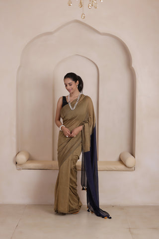 KHADI DUAL WEAVE COTTON SAREE IN SANDAL BEIGE WITH BLUE PALLU