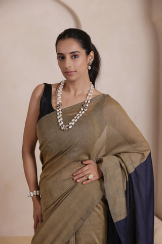 KHADI DUAL WEAVE COTTON SAREE IN SANDAL BEIGE WITH BLUE PALLU