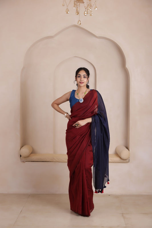 KHADI DUAL WEAVE COTTON SAREE IN MAROON&NAVYBLUE