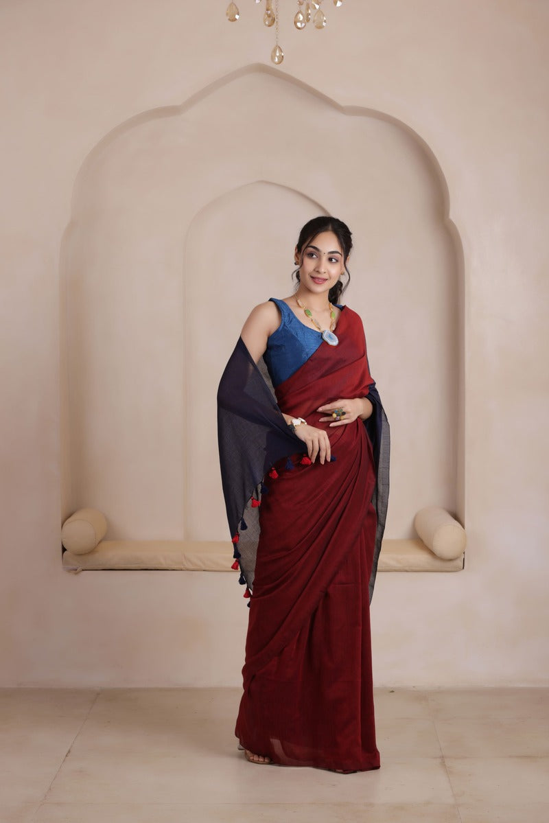 KHADI DUAL WEAVE COTTON SAREE IN MAROON&NAVYBLUE
