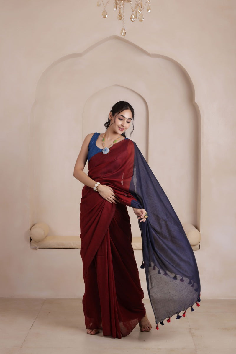 KHADI DUAL WEAVE COTTON SAREE IN MAROON&NAVYBLUE