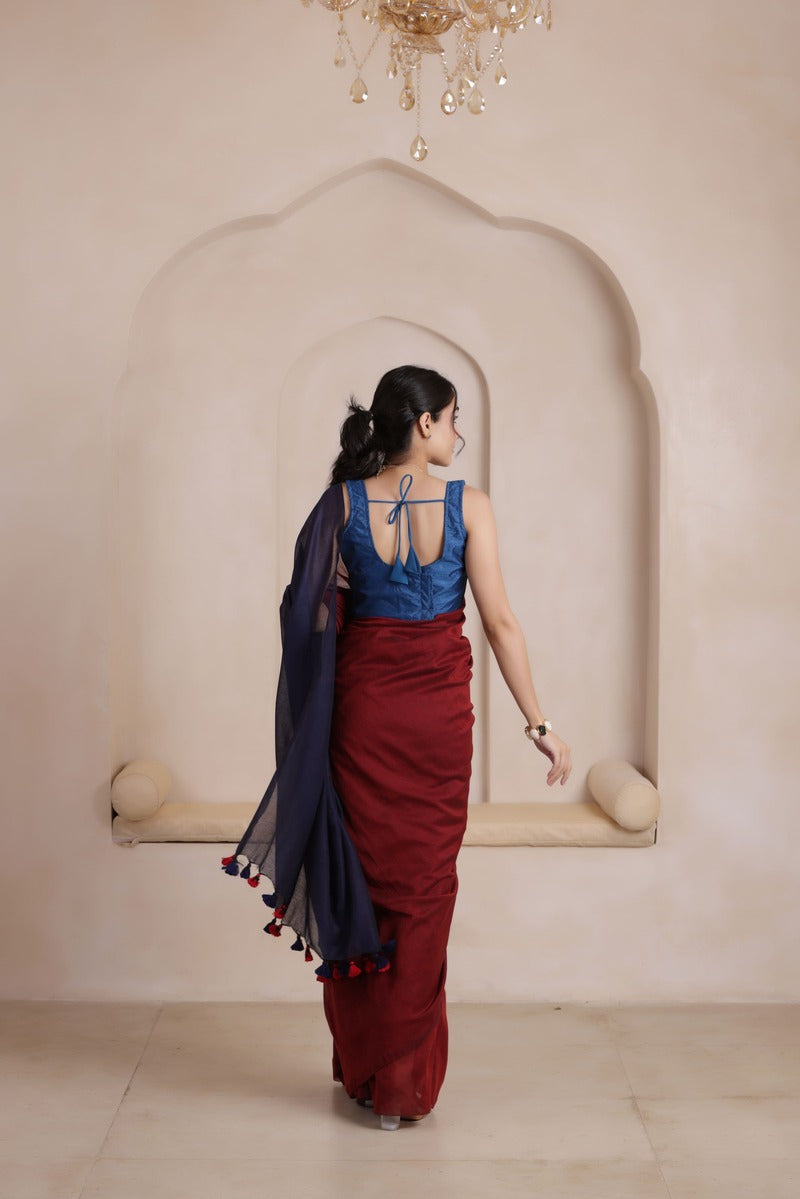 KHADI DUAL WEAVE COTTON SAREE IN MAROON&NAVYBLUE