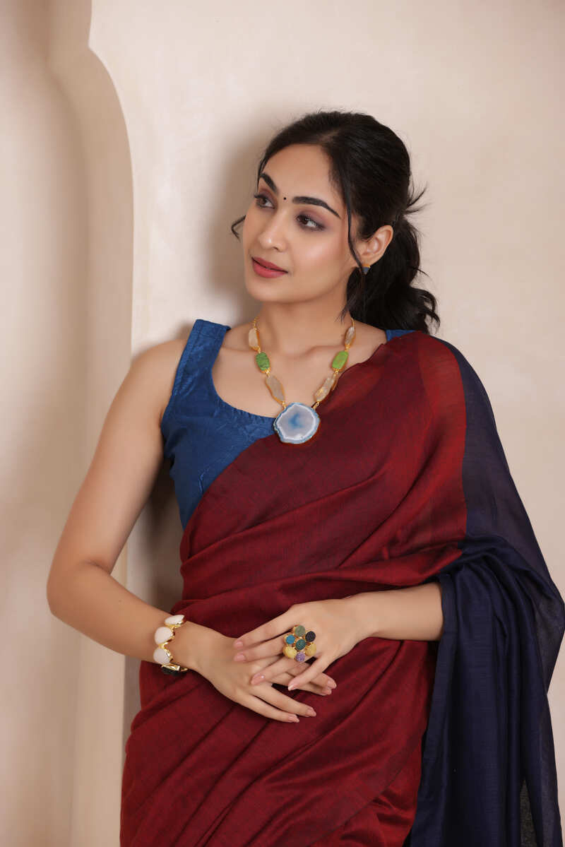KHADI DUAL WEAVE COTTON SAREE IN MAROON&NAVYBLUE