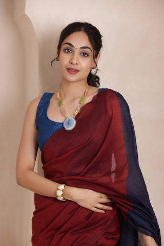 KHADI DUAL WEAVE COTTON SAREE IN MAROON&BLUE