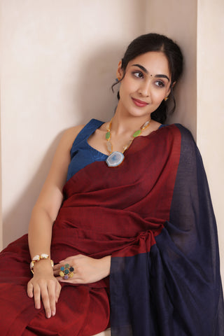 KHADI DUAL WEAVE COTTON SAREE IN MAROON&BLUE