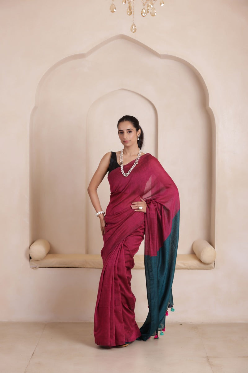 KHADI DUAL WEAVE COTTON SAREE IN PINK&GREEN