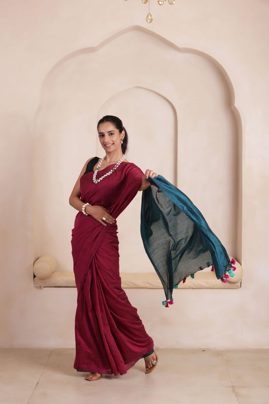 KHADI DUAL WEAVE COTTON SAREE IN PINK&GREEN