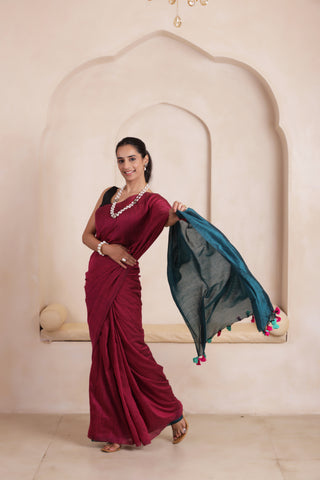 KHADI DUAL WEAVE COTTON SAREE IN PINK&GREEN