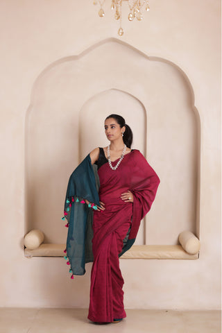 KHADI DUAL WEAVE COTTON SAREE IN PINK&GREEN