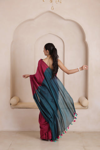 KHADI DUAL WEAVE COTTON SAREE IN PINK&GREEN